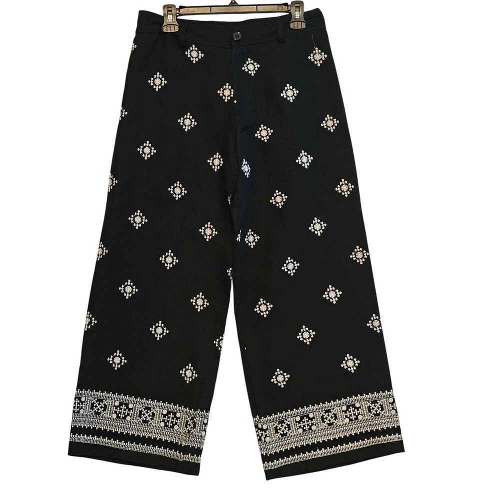 Elie Tahari Black Wide Leg Embroidered Linen Blend Pants Size 8 NWT
